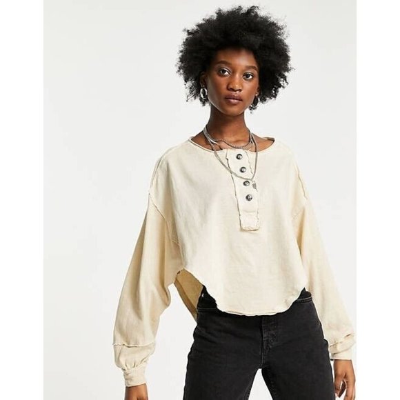 Free People Tops - Free People Melodi Henley Top Womens XS Ivory Slouchy Cropped Drop Shoulder